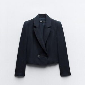 NWT ZARA CROPPED SHOULDER PAD NAVY BLAZER XS